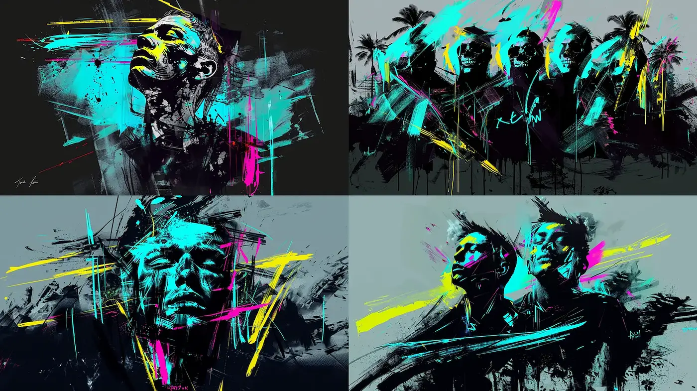 Vibrant and Expressive Abstract Portraiture with Dynamic Splashes - Midjourney sref style