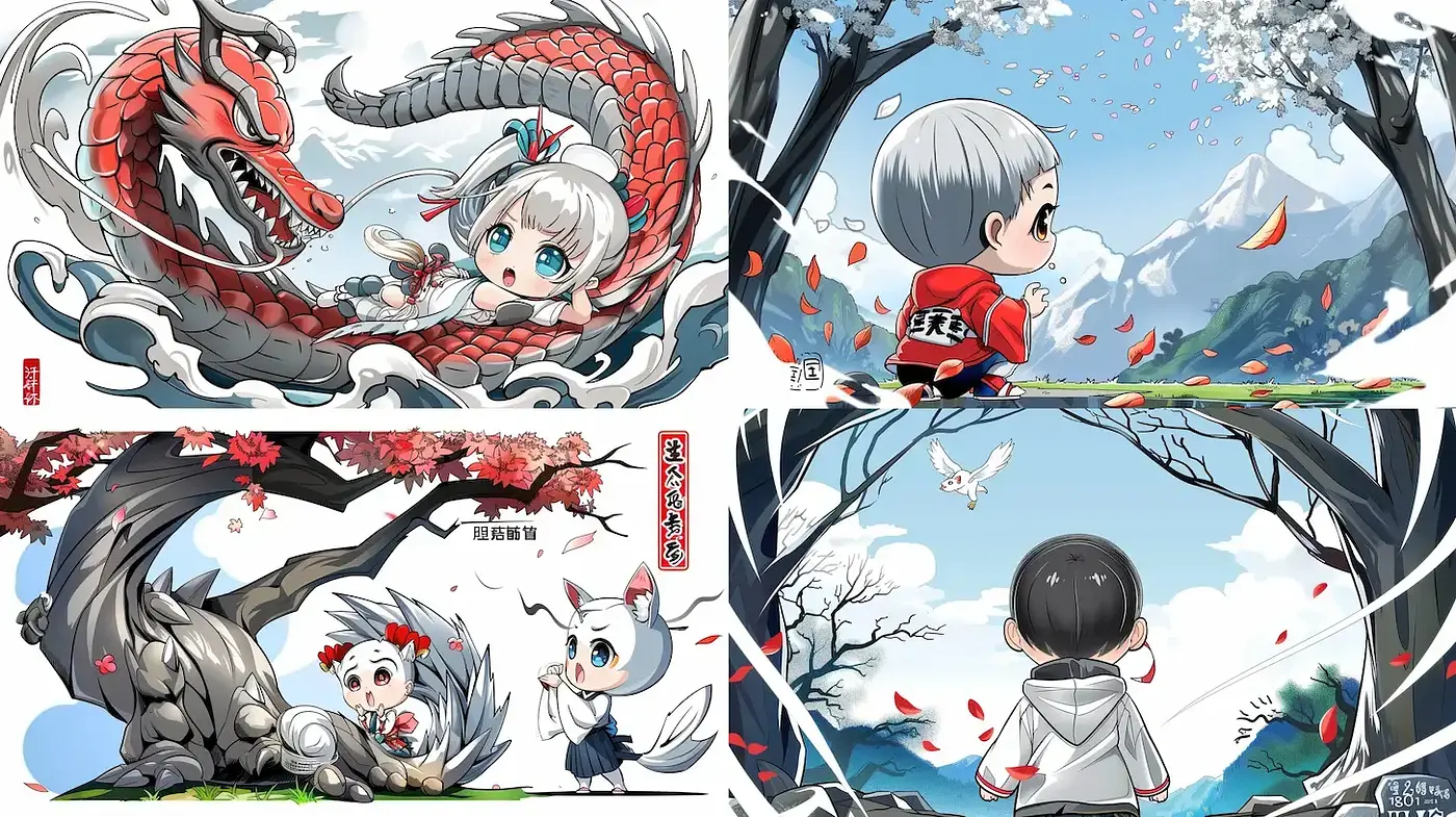 Charming and whimsical illustrations with eastern mythical influences - Midjourney sref style