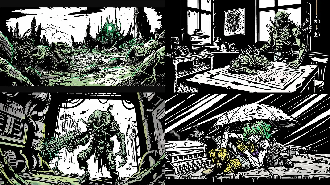 Monochromatic Sci-Fi Noir with Pops of Vivid Green - Midjourney sref style