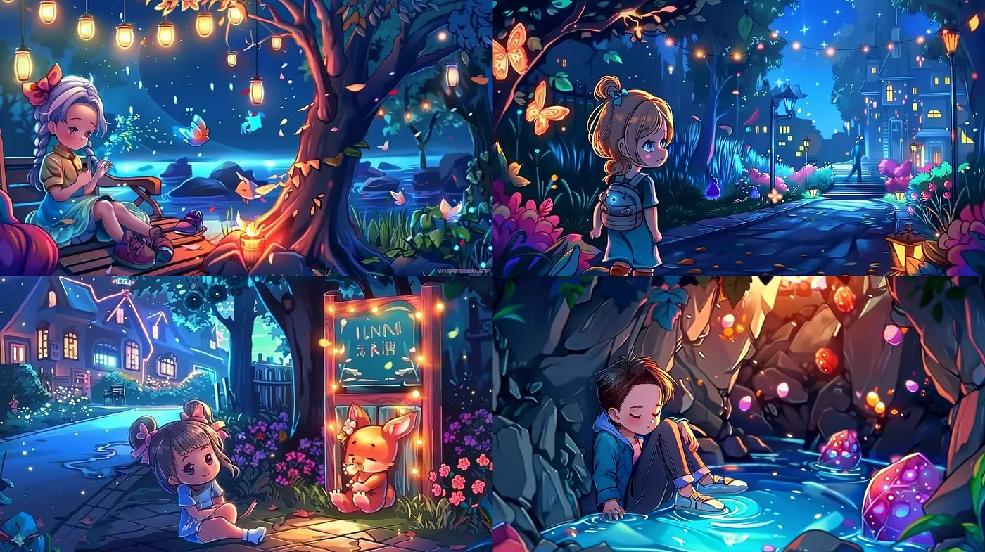 Enchanting Twilight Reverie: A Harmonious Blend of Luminous Hues and Whimsical Illustration - Midjourney sref style