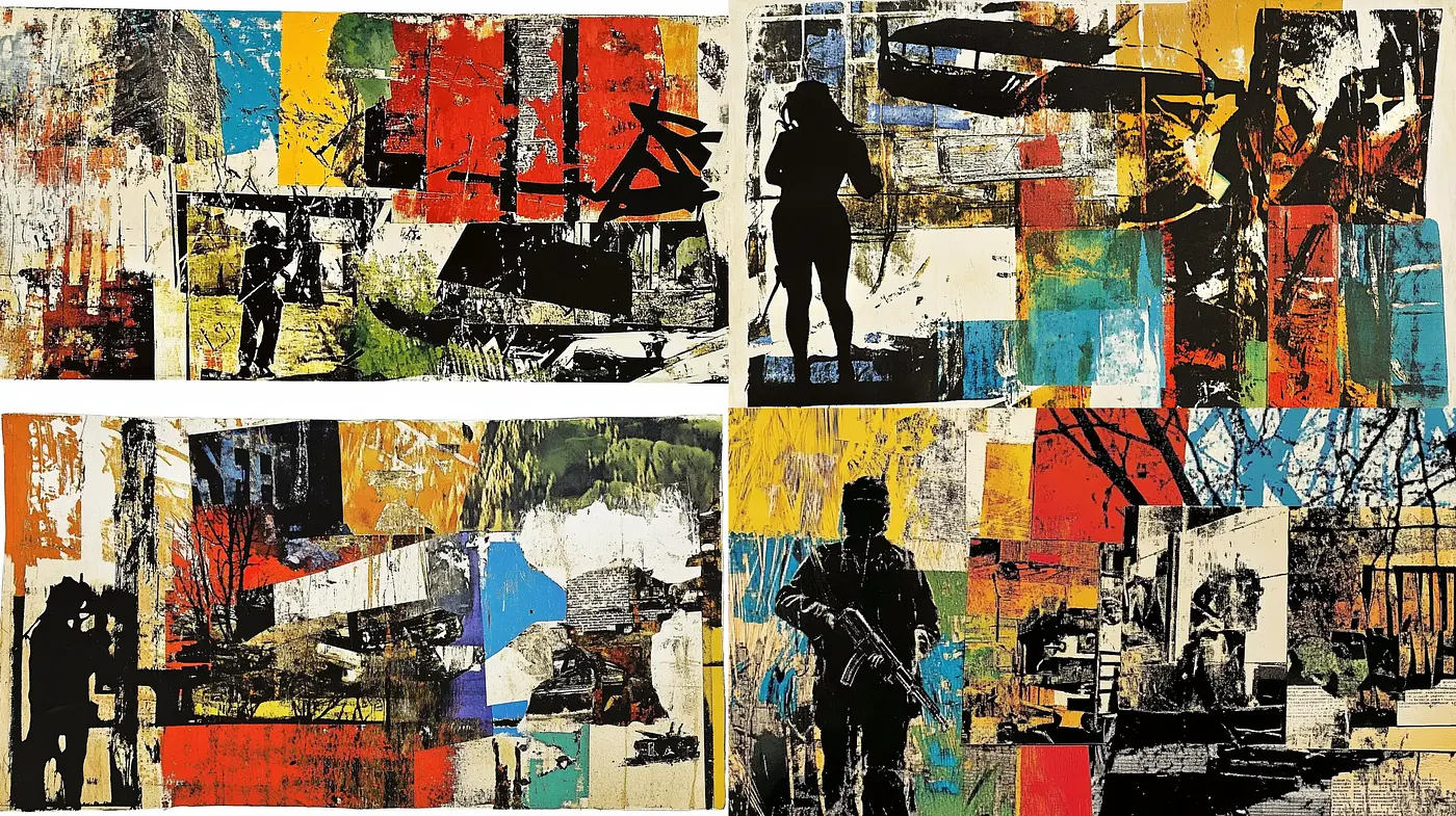 Abstract Expressionist Collage with Urban Undertones - Midjourney sref style