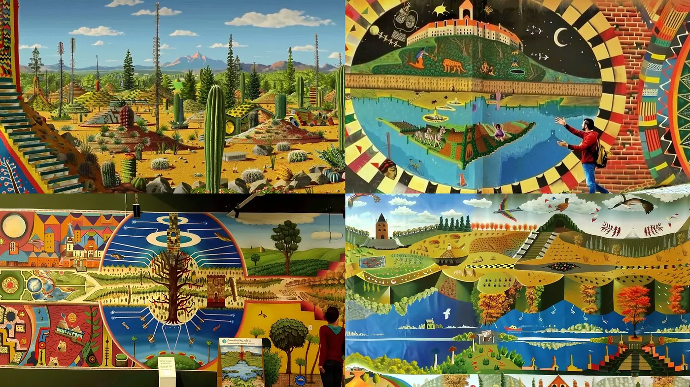 Vibrant Tapestry of Stylized Panoramas with a Surrealist Edge - Midjourney sref style