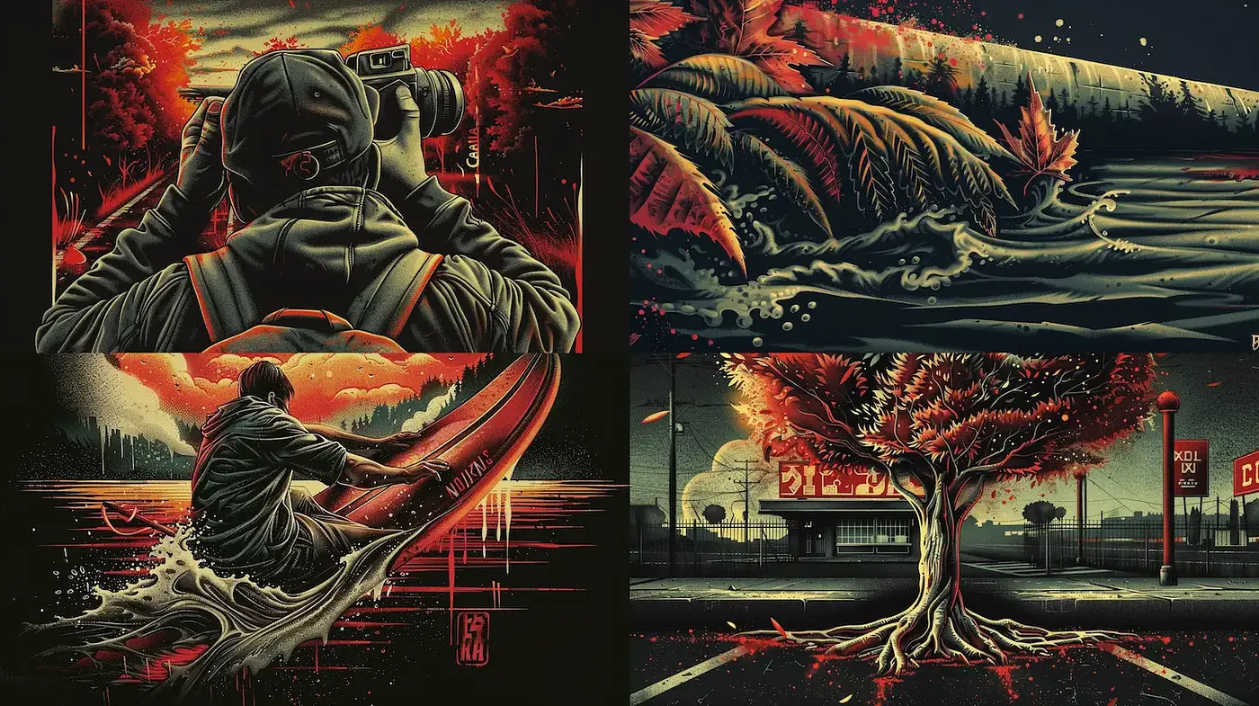 Dynamic, vivid illustrations with a surreal undertone - Midjourney sref style