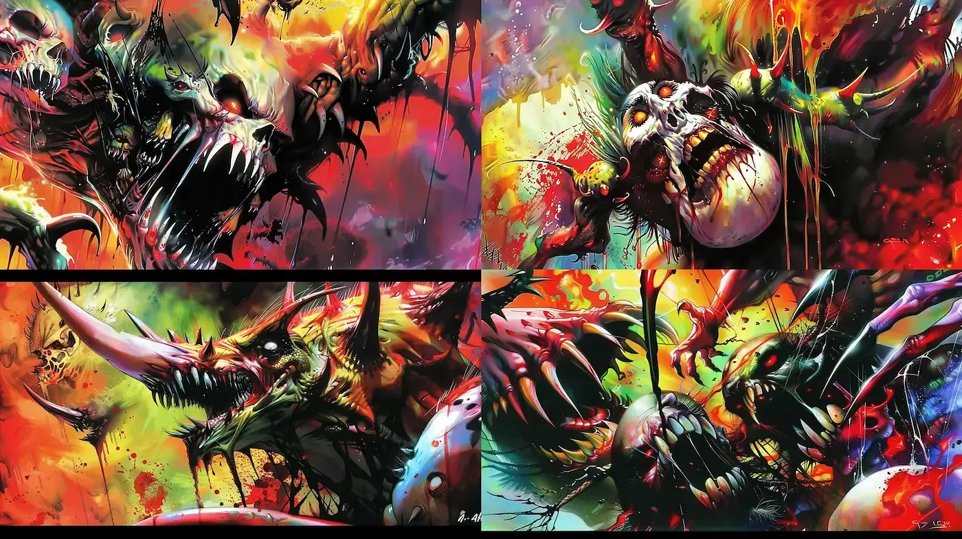 Vibrant and Chaotic Surrealism with Dark Fantasy Elements - Midjourney sref style