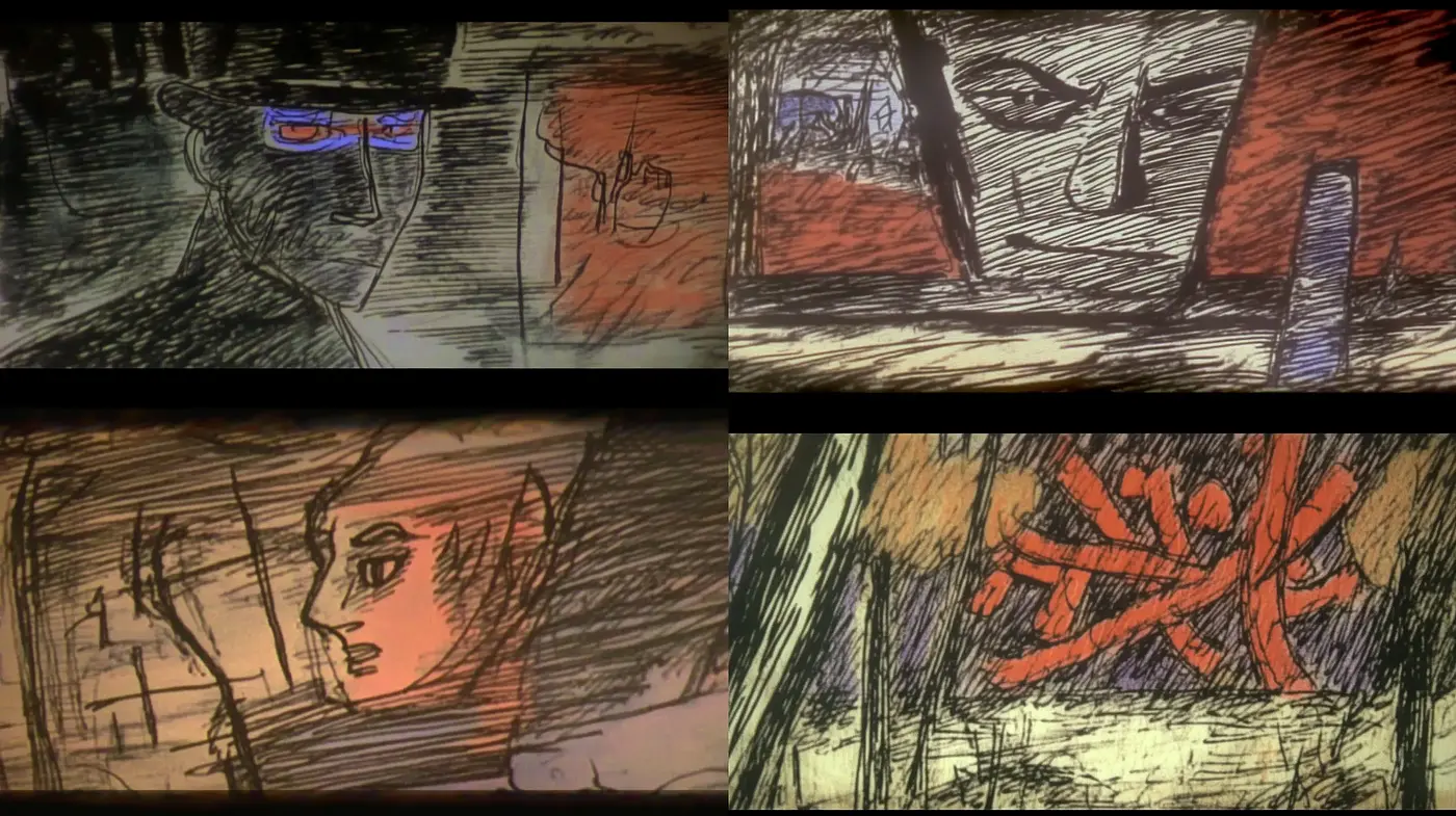 Abstract Expressionist Scribble Fusion with a Film Noir Ambience - Midjourney sref style