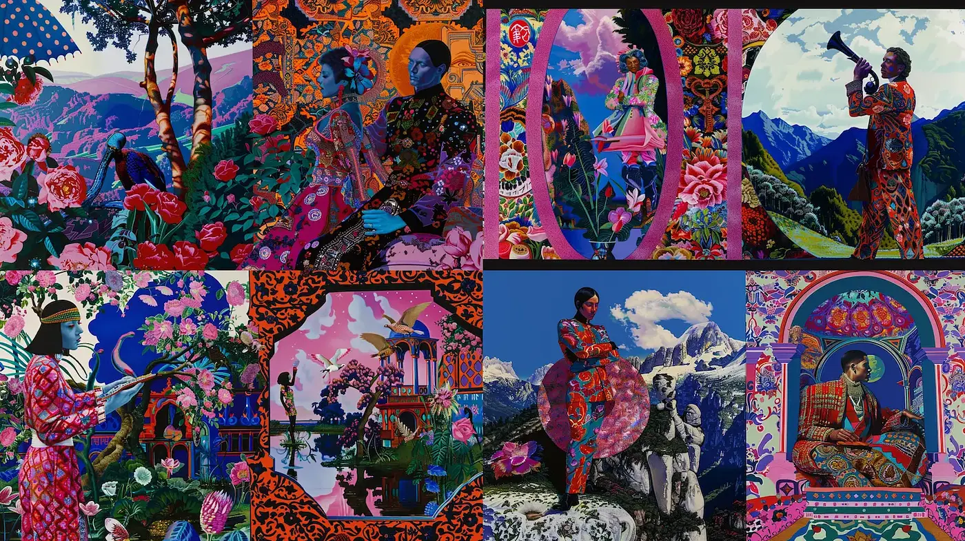 Vibrant and Intricate Visual Collage with Patterns and Nature Themes - Midjourney sref style