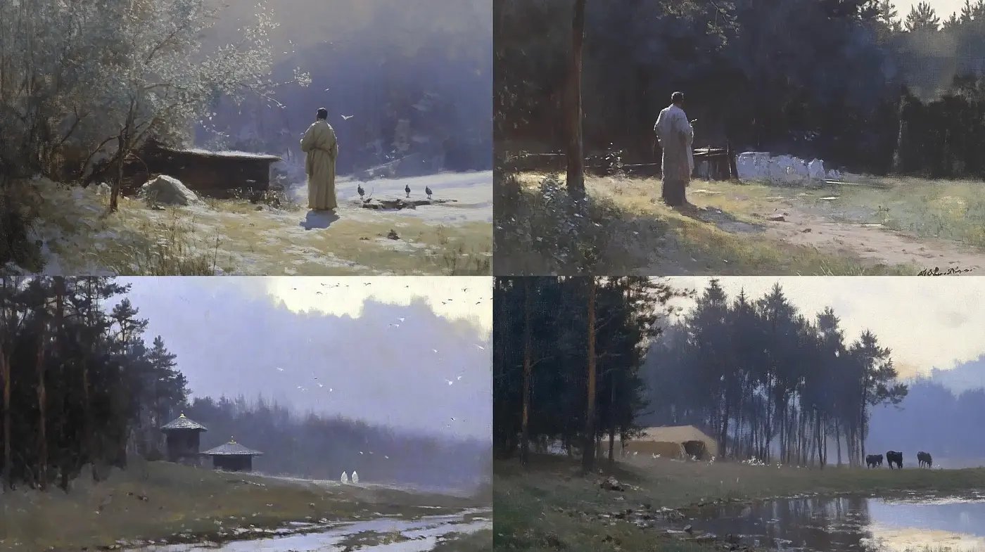 Tranquil Pastoral Impressions Evoking Nostalgic Serenity - Midjourney sref style