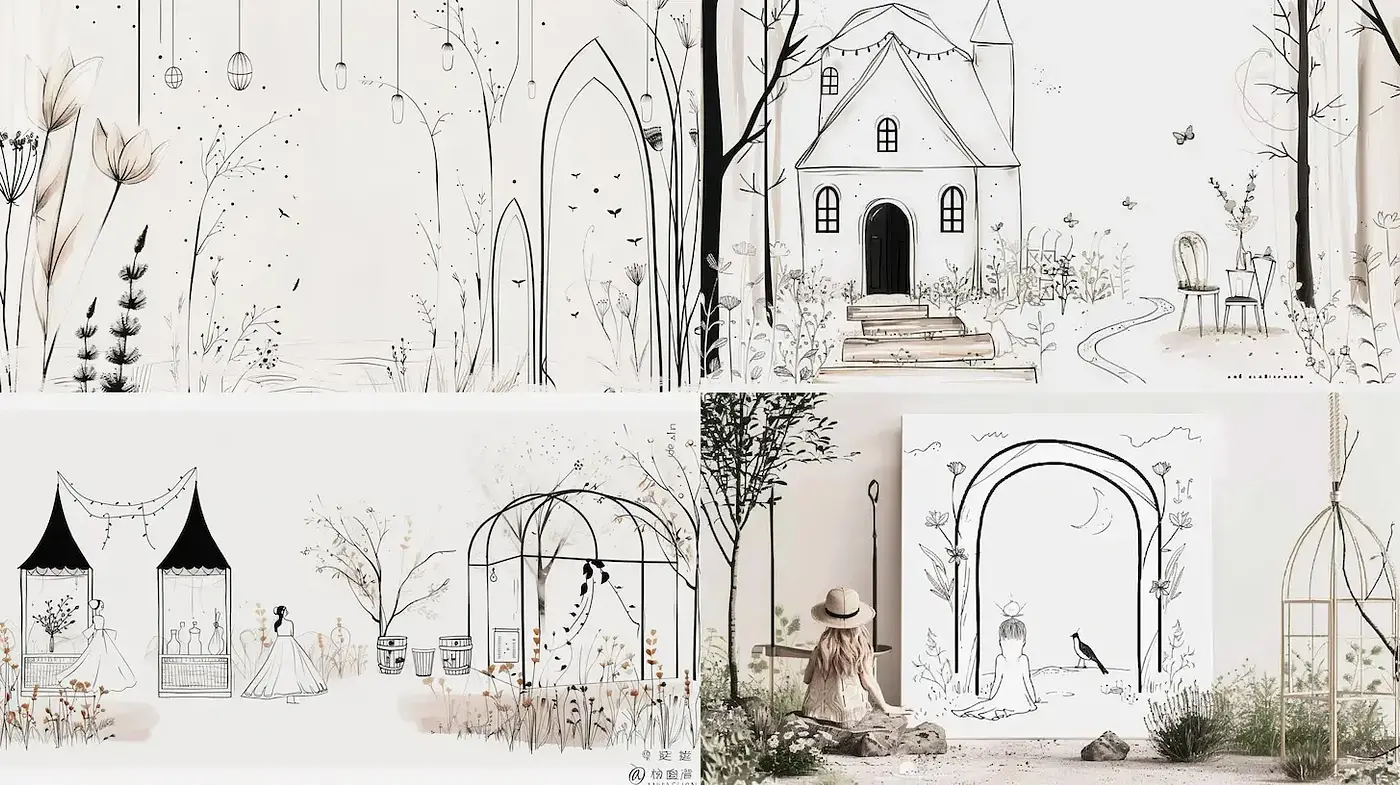 Elegant illustrations showcasing whimsical architecture and natural elements with a modern touch - Midjourney sref style