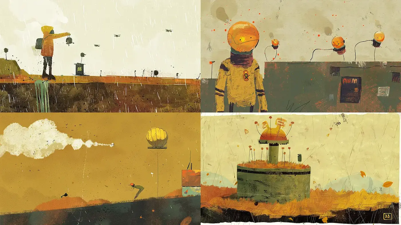 Surreal Landscapes with a Vintage, Nostalgic Charm Consistent Across Four Works - Midjourney sref style