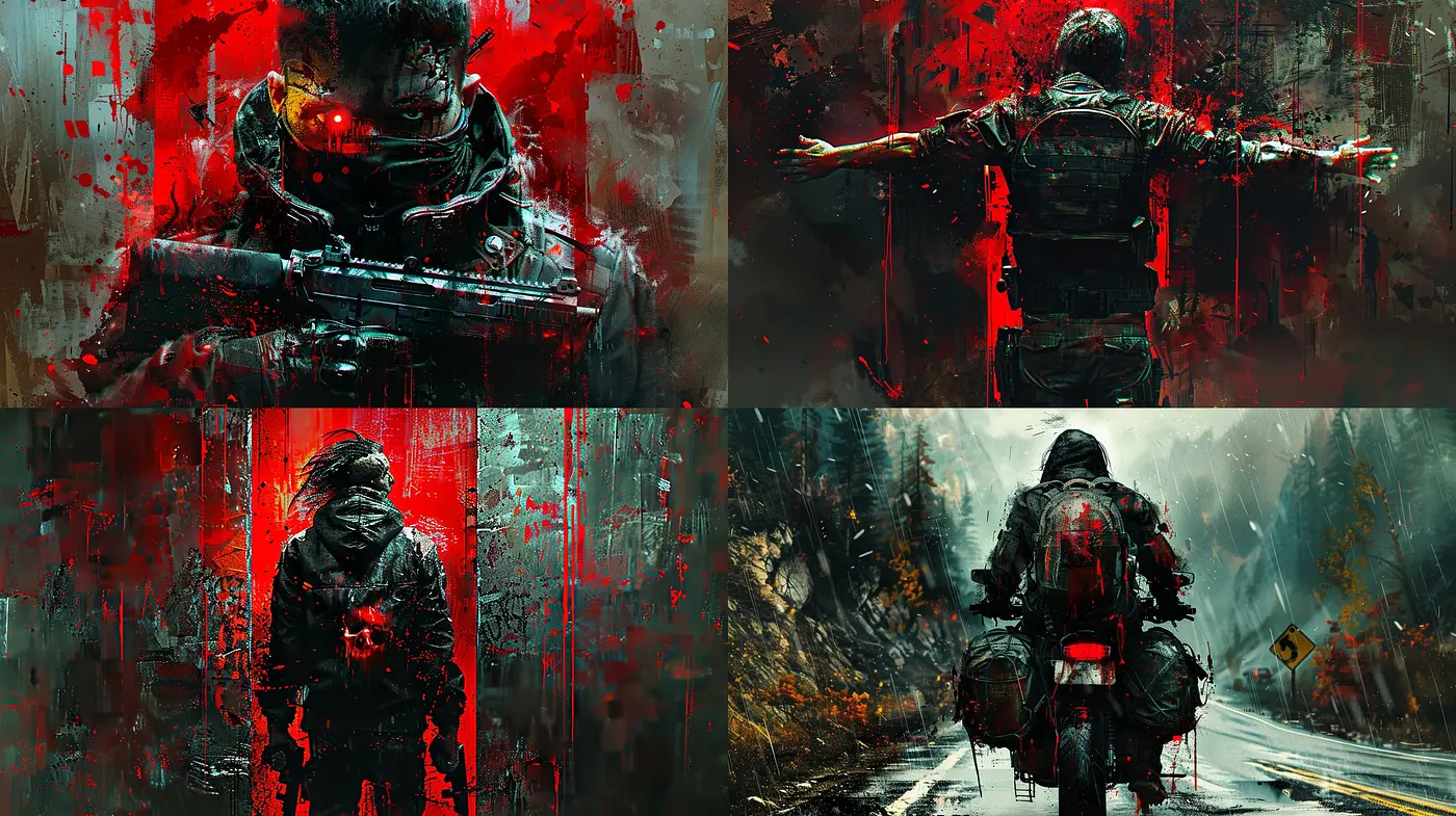 Dystopian Elegy: A Brooding Cyberpunk Symphony in Red and Charcoal - Midjourney sref style