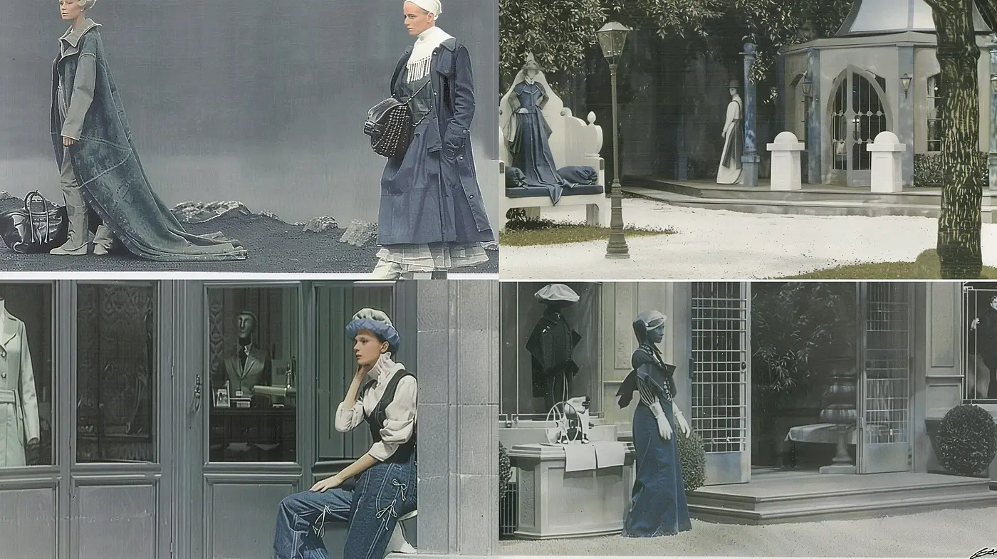 Pensive Elegance in Monochromatic Blue: A Study in Fashion and Reflection - Midjourney sref style