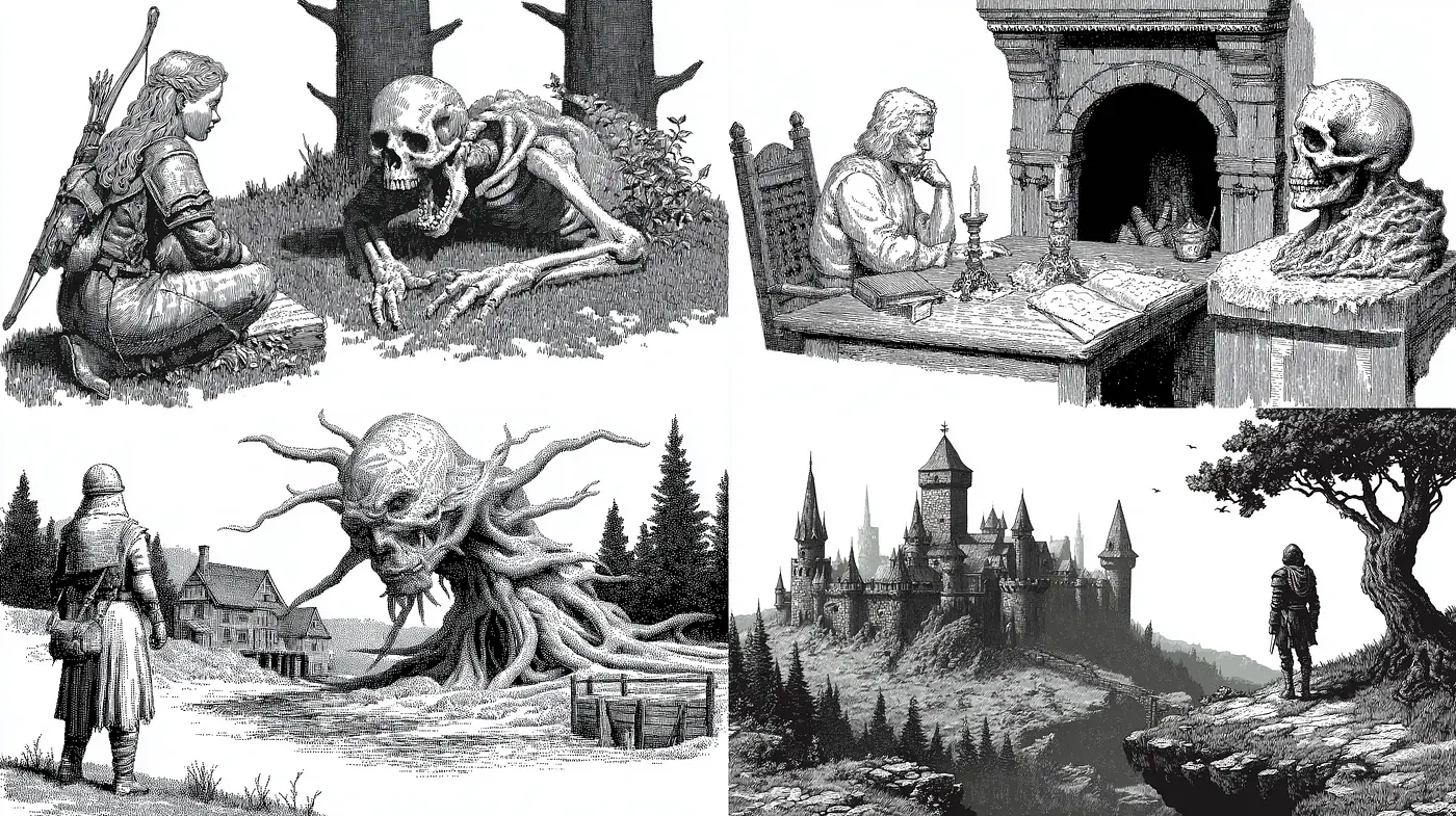 Dark Fantasy Illustrations with Heavy Contrast and Intricate Detailing - Midjourney sref style