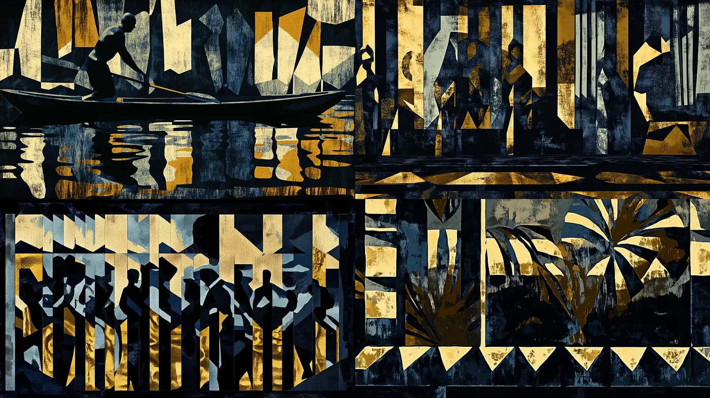 Synchronized Movements in Abstract Cubist Shadows - Midjourney sref style