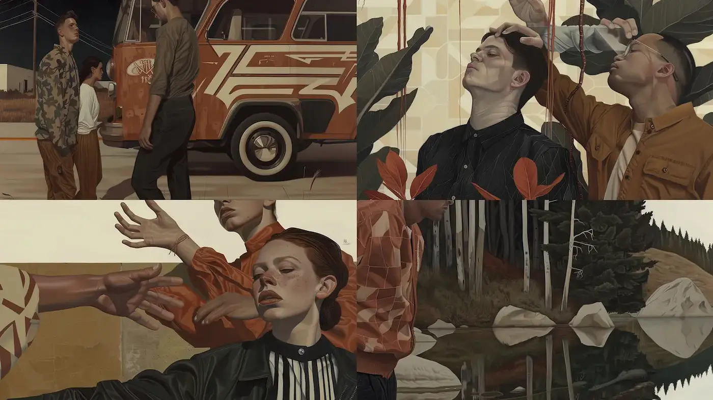 Stylized Narrative Capturing Surreal Human Expressions in Nature - Midjourney sref style