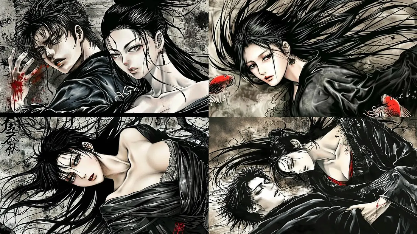 Ethereal Monochrome Elegance with a Splash of Crimson - Midjourney sref style