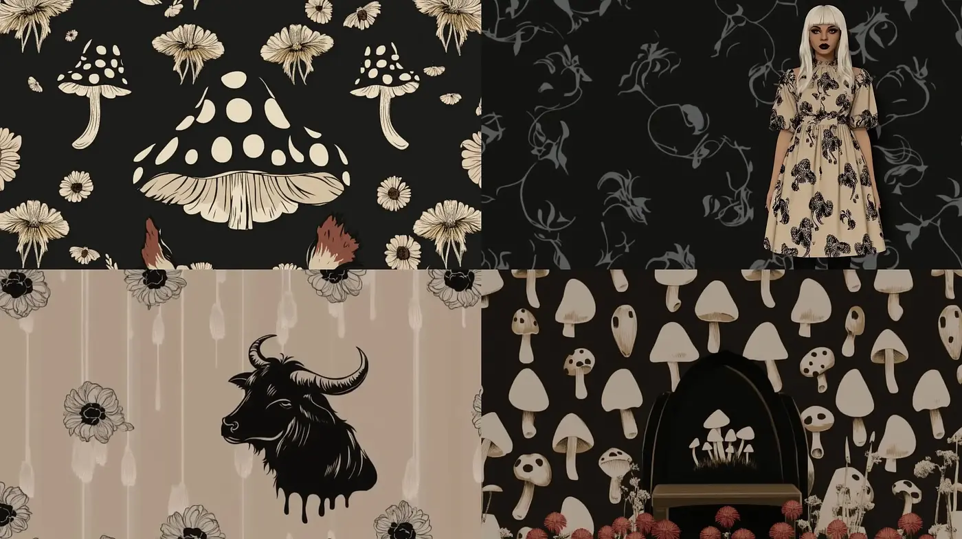 Enigmatic Elegance in Monochromatic Floral and Fauna Patterns - Midjourney sref style