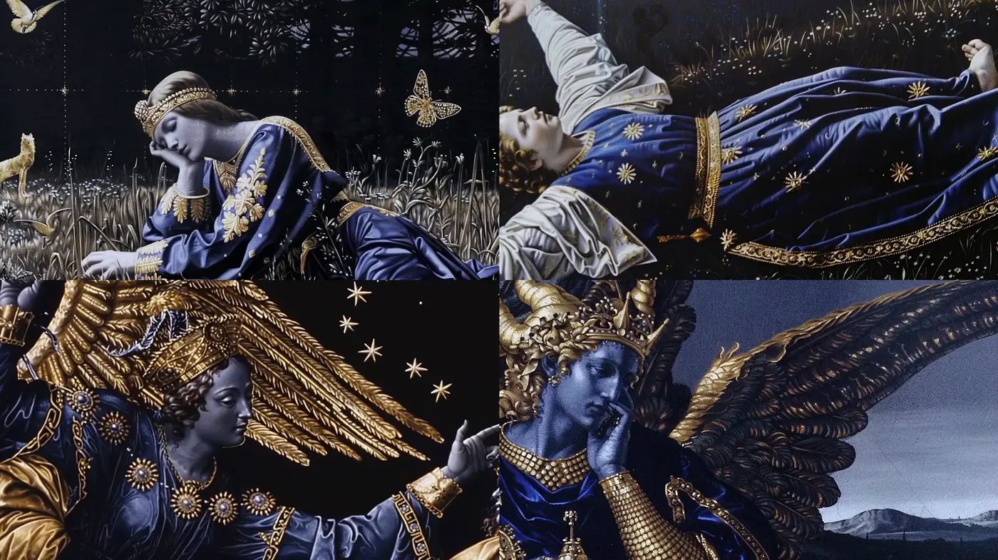 Renaissance Echoes in Nocturnal Hues: A Digital Tapestry of Starry Elegance - Midjourney sref style
