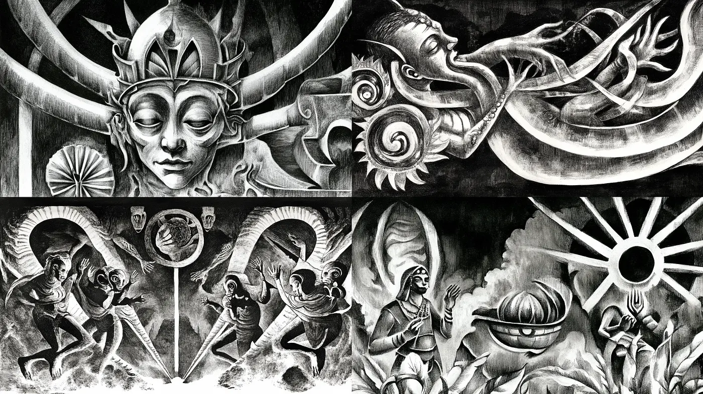 Monochromatic Ethereal Dreamscapes with Mythological Essence - Midjourney sref style