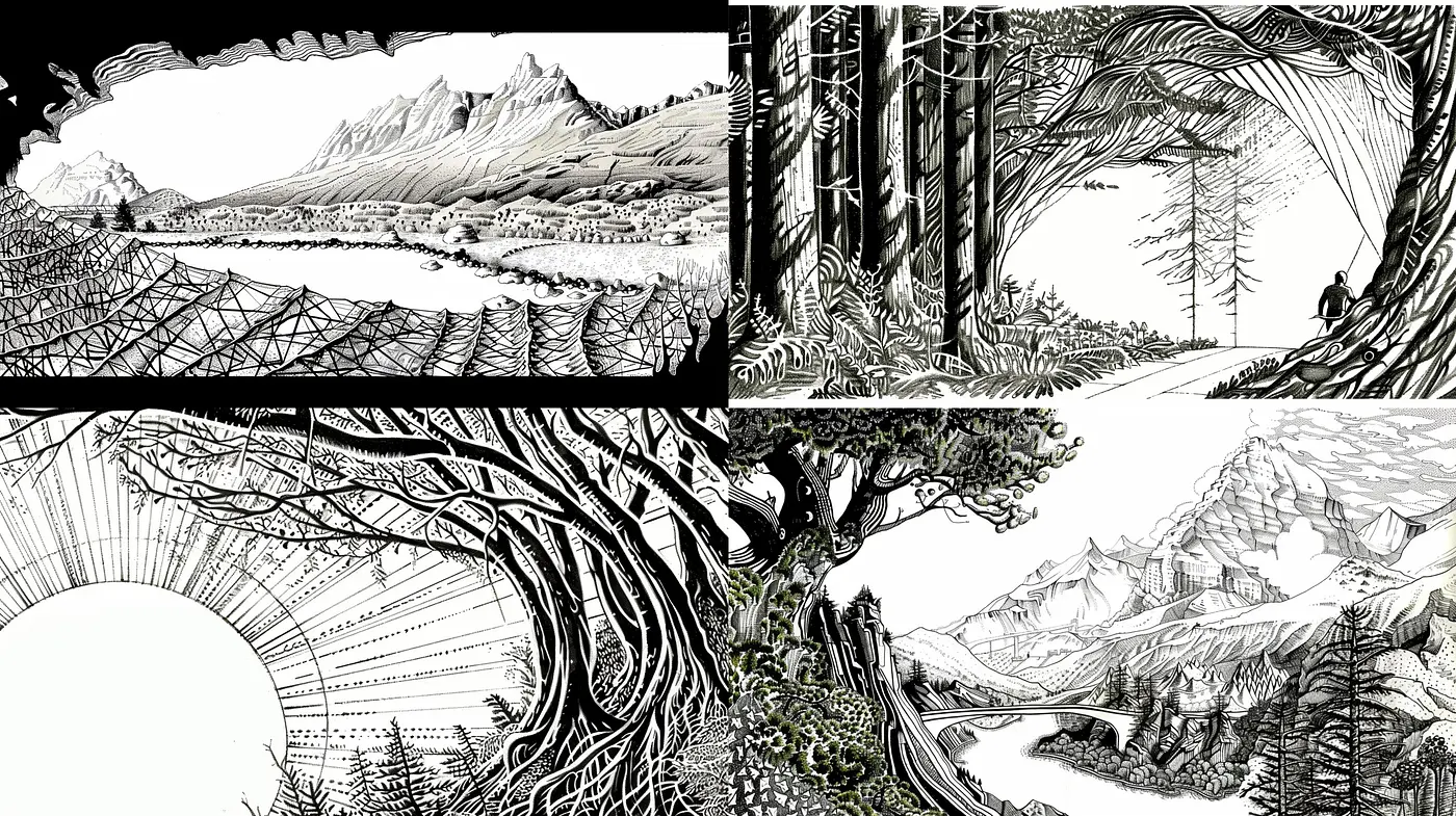 Monochromatic Engraving Essence with Nature and Ethereal Vistas - Midjourney sref style