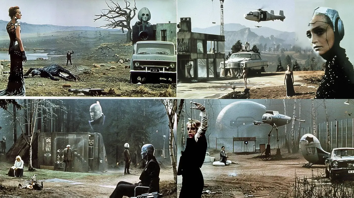 Cinematic Retrofuturism with a Surrealist Touch - Midjourney sref style