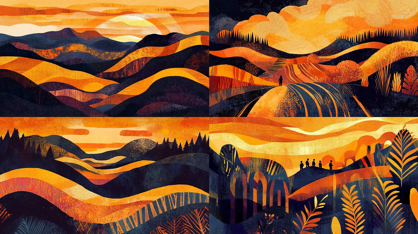 Twilight Hues in Stylized Landscape Panoramas - Midjourney sref style