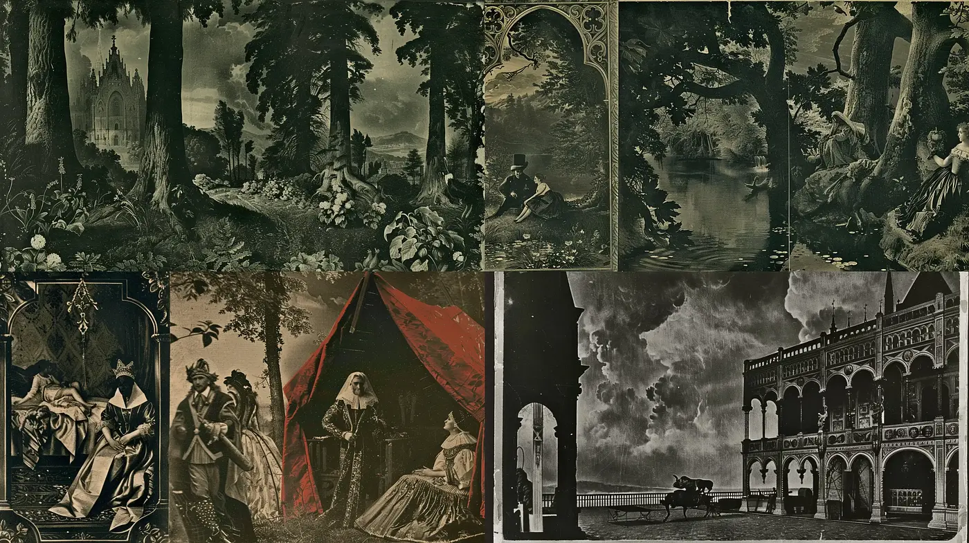 Neo-Gothic Reverie: A Fusion of Vintage Romanticism and Dark, Dramatic Tones - Midjourney sref style