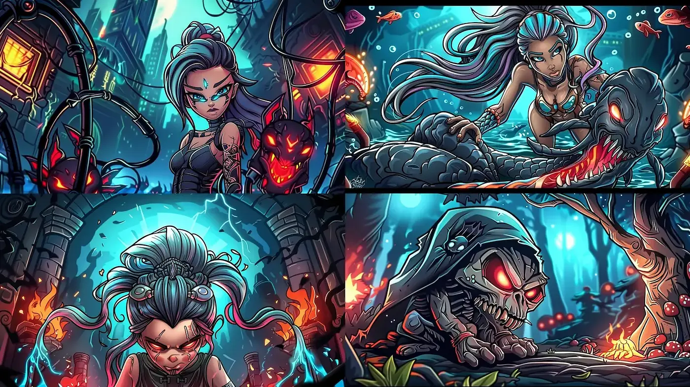 Vibrant urban fantasy with an edgy and whimsical style - Midjourney sref style