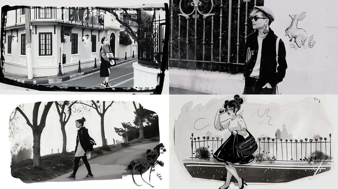Monochromatic Whispers of Nostalgia: A Hybrid of Ink Sketches and Vintage Photography - Midjourney sref style