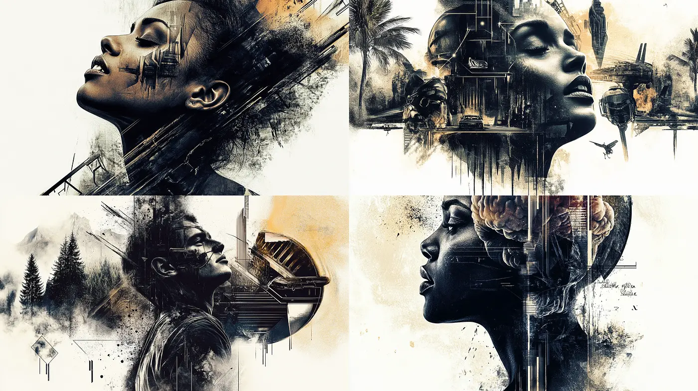 Dynamic fusion of contemporary portraiture and abstract elements - Midjourney sref style