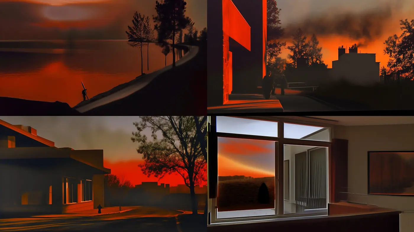 Twilight Ambience with Consistent Warm Hues and Silhouette Accentuation - Midjourney sref style