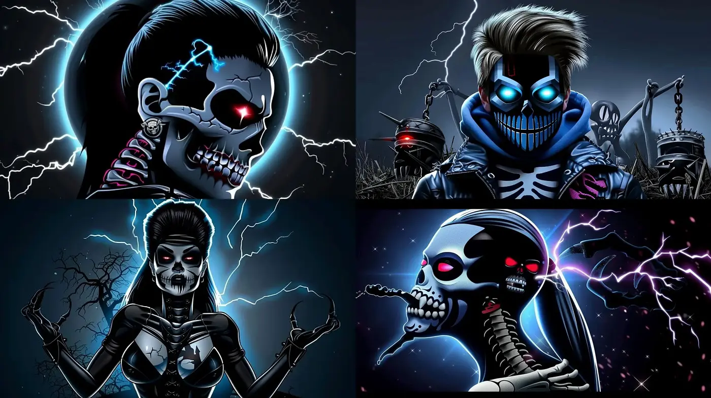 Cybernetic Skeletal Figures with Electric Vigor - Midjourney sref style