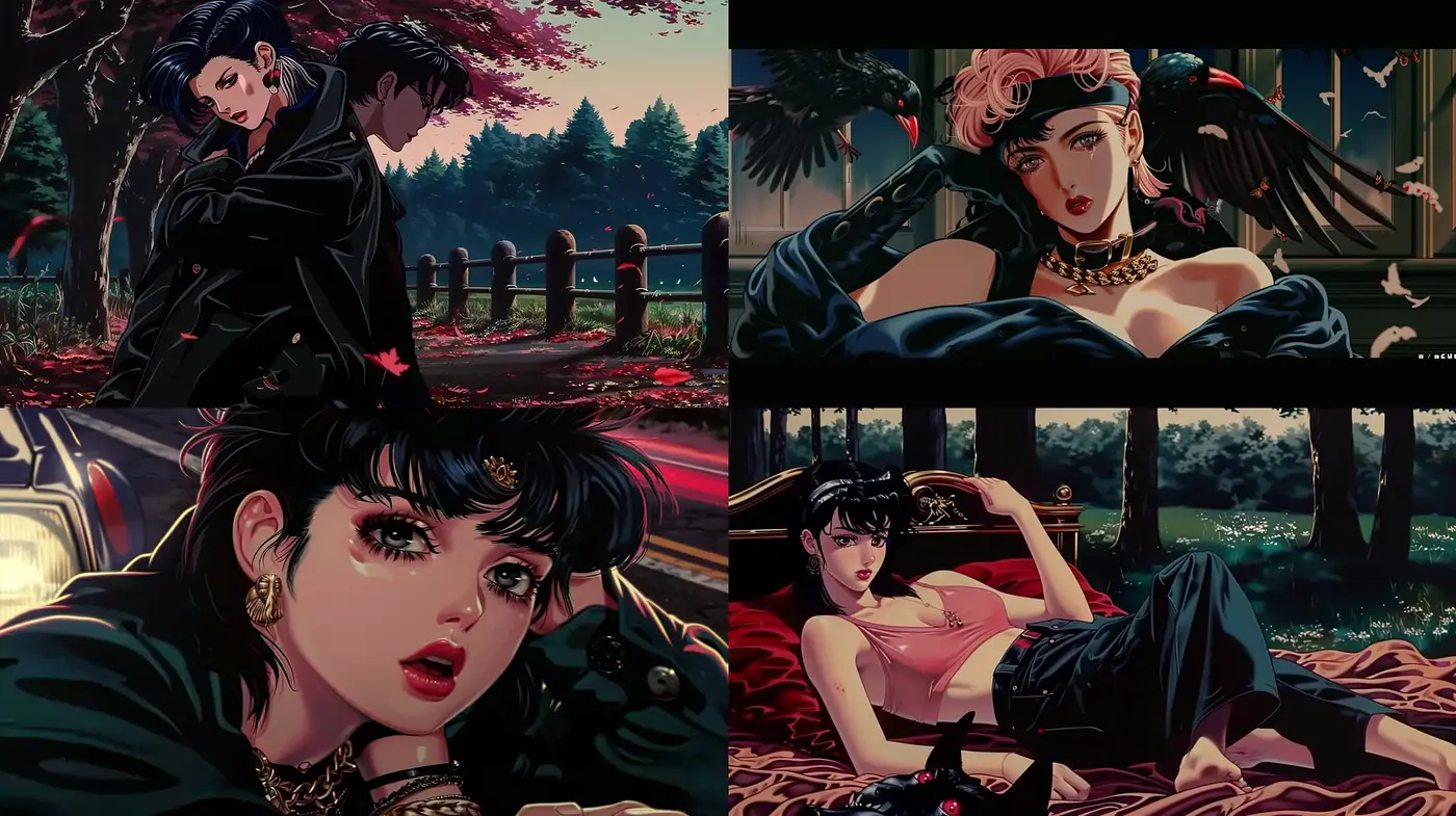 Nocturnal Elegance: A Synthesis of Retro Anime and Gothic Allure - Midjourney sref style