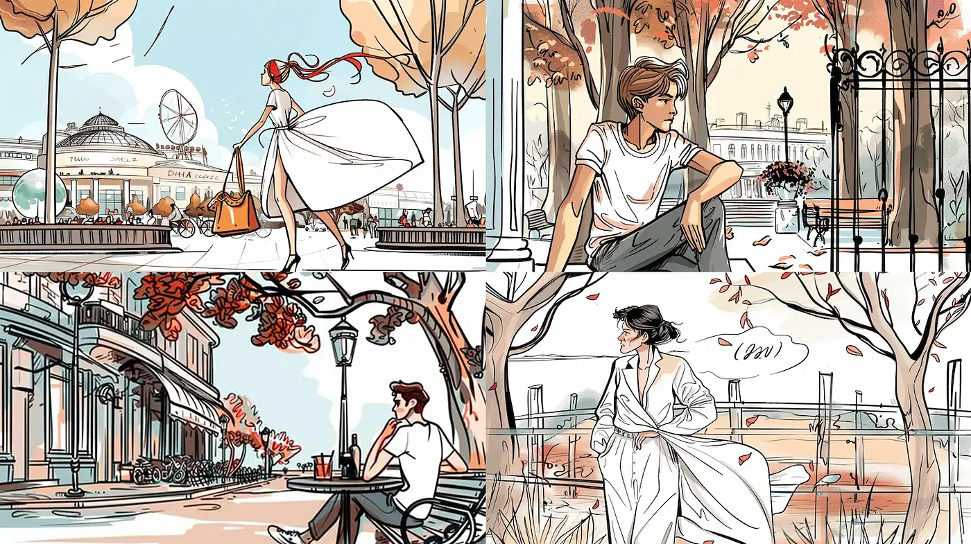 Charming Illustrated Urban Scenes with a Light Palette - Midjourney sref style