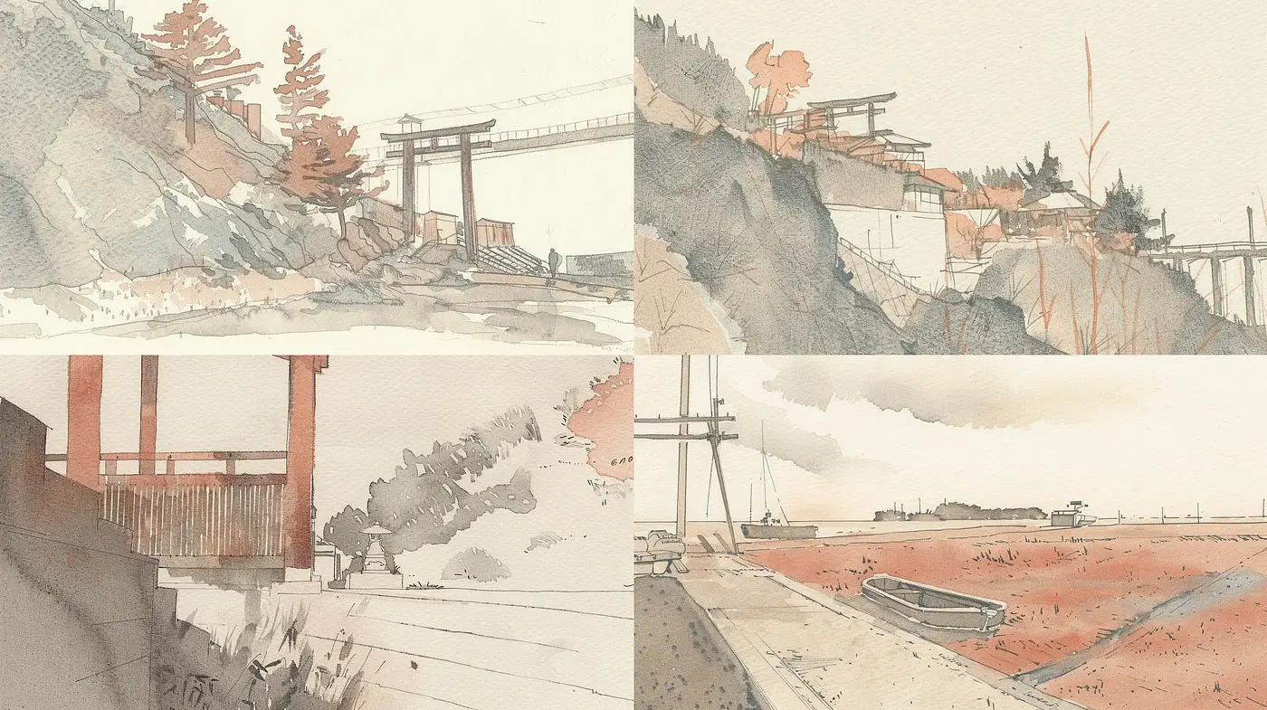 Tranquil Watercolor Sceneries with Delicate Hues and Contemplative Ambience - Midjourney sref style