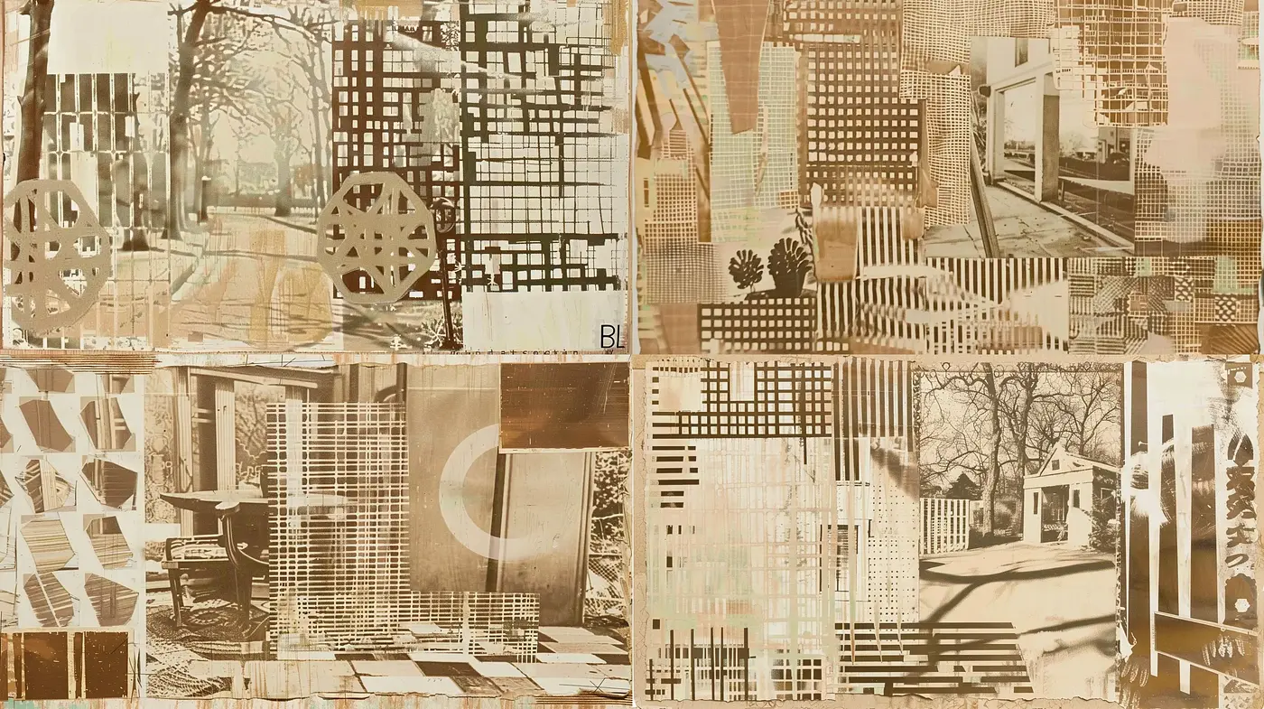 Sepia-Toned Geometric Collage Exploration - Midjourney sref style