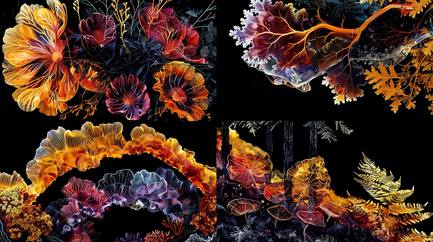 Luminous Botanical Tapestry: A Fusion of Vivid Florals and Ethereal Neon Glow - Midjourney sref style