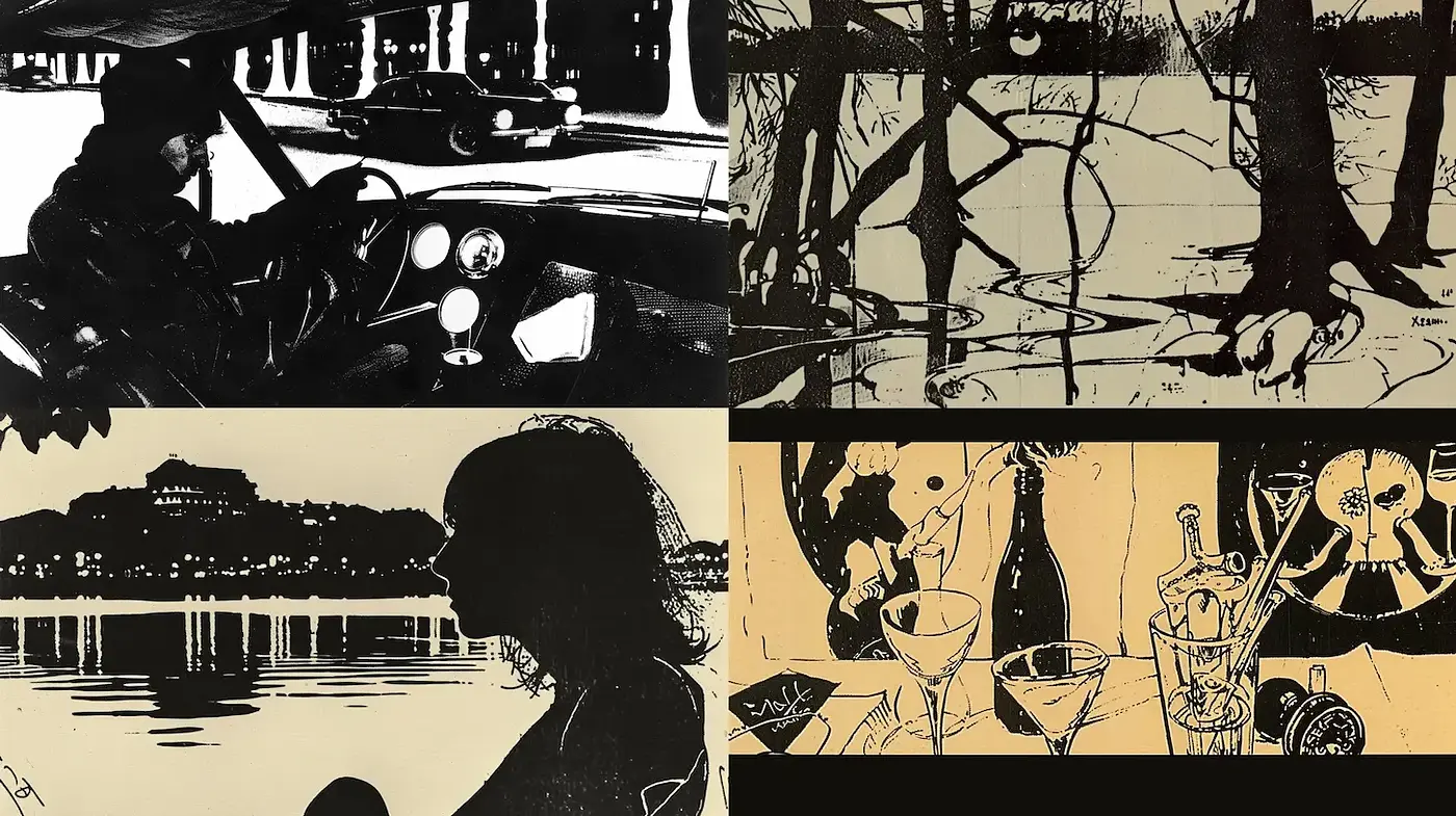 Dramatic, High-Contrast Visuals with a Retro Noir Aesthetic - Midjourney sref style