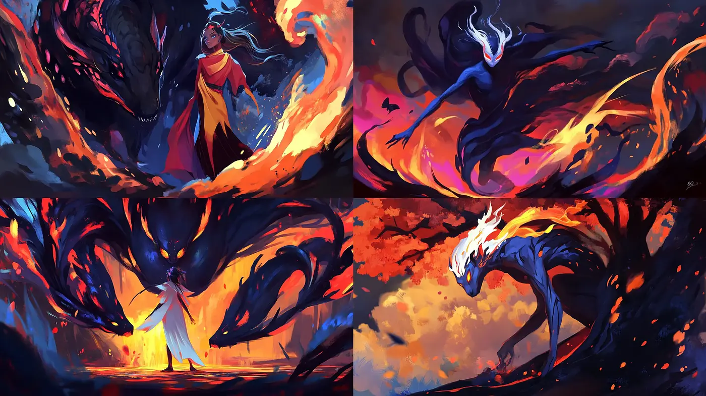 Ethereal Flames of Fantasy: A Vivid Dance of Color and Light - Midjourney sref style