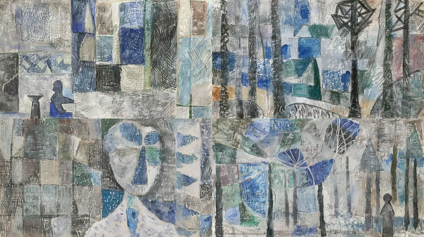 Patchwork Tranquility in Indigo and Earth Tones - Midjourney sref style