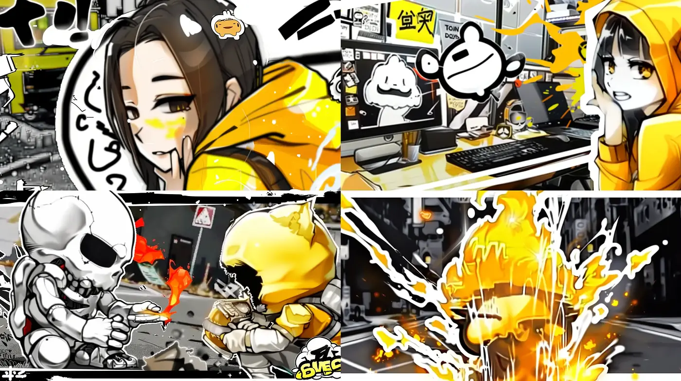 Dynamic Monochrome Manga-inspired Digital Art with Vivid Yellow Accents - Midjourney sref style