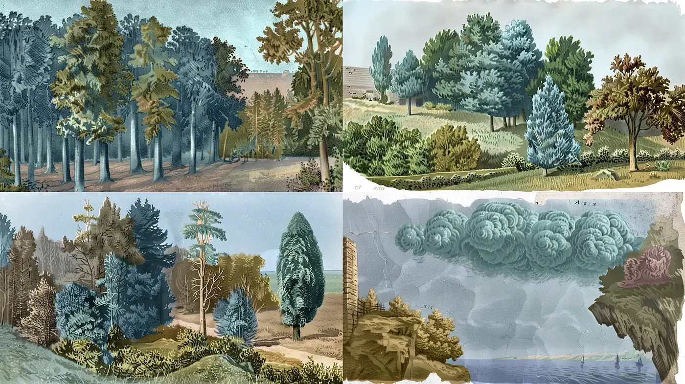 Serene Natural Landscapes with Vintage Overtones - Midjourney sref style