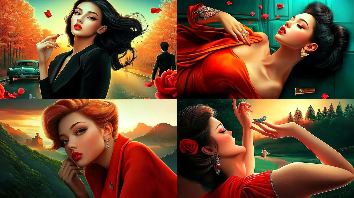 Ethereal Elegance in Crimson and Emerald Hues - Midjourney sref style