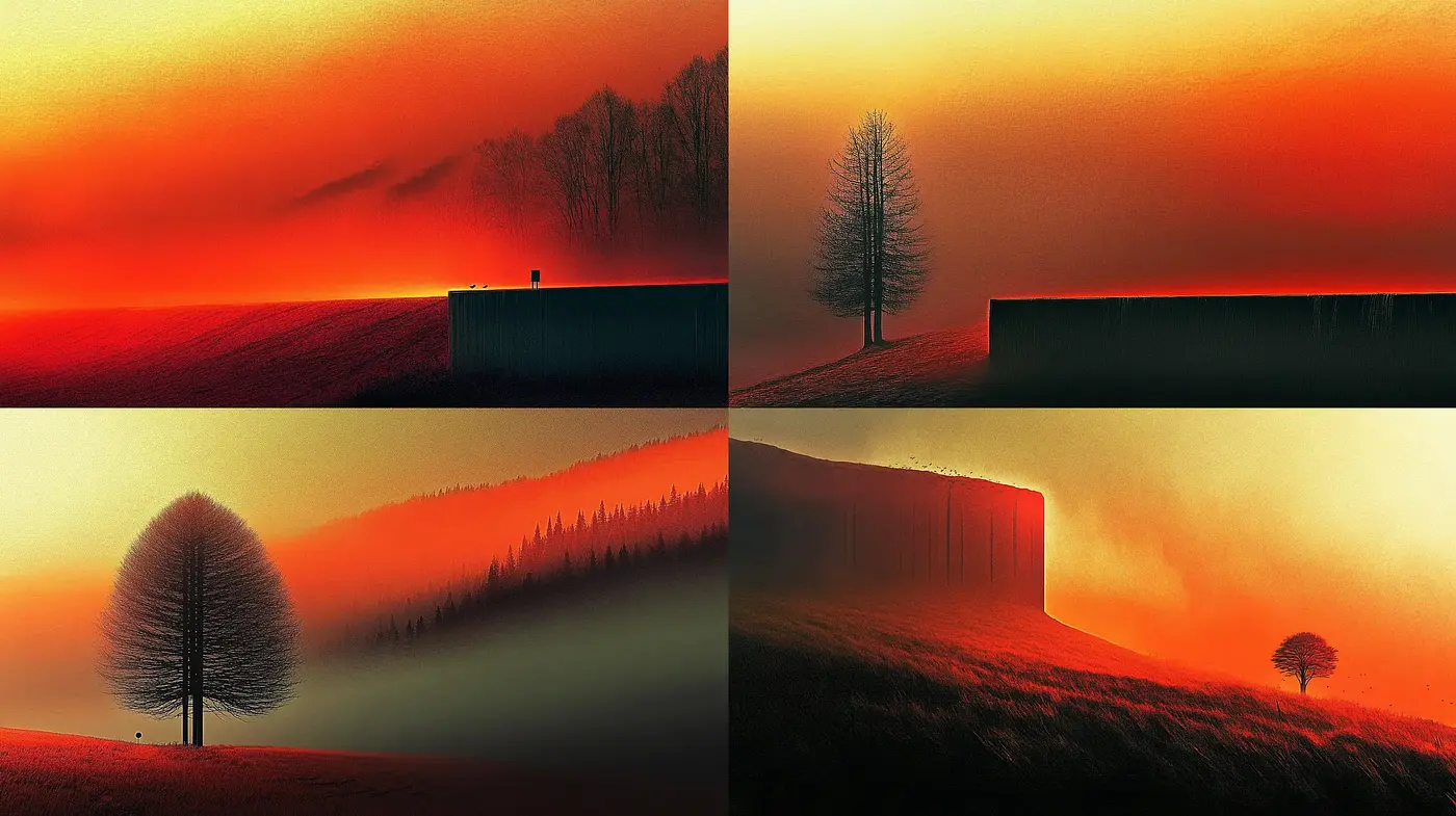 Crimson Dusk and Silhouettes: A Vivid Study in Contrast and Tranquility - Midjourney sref style