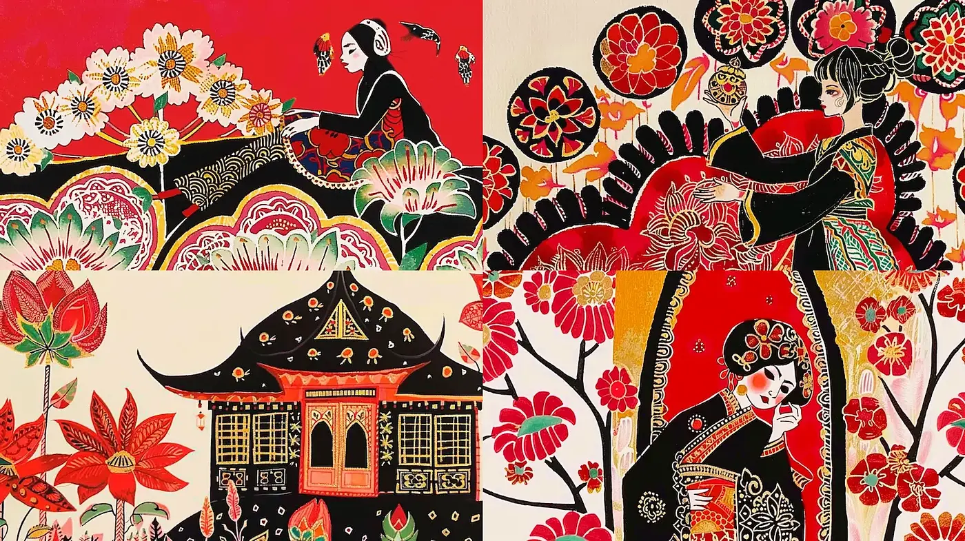 Vibrant traditional illustration infused with unique cultural aesthetics - Midjourney sref style