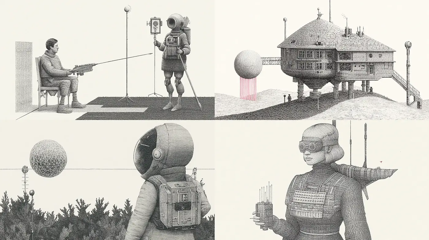 Monochromatic Retro-Futuristic Dreamscape - Midjourney sref style