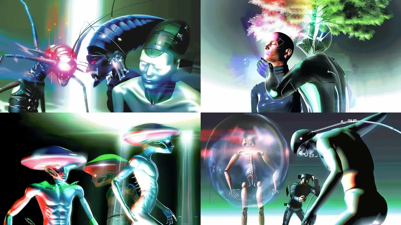 Futuristic and Ethereal Cybernetic Realm with Intense Light Play - Midjourney sref style