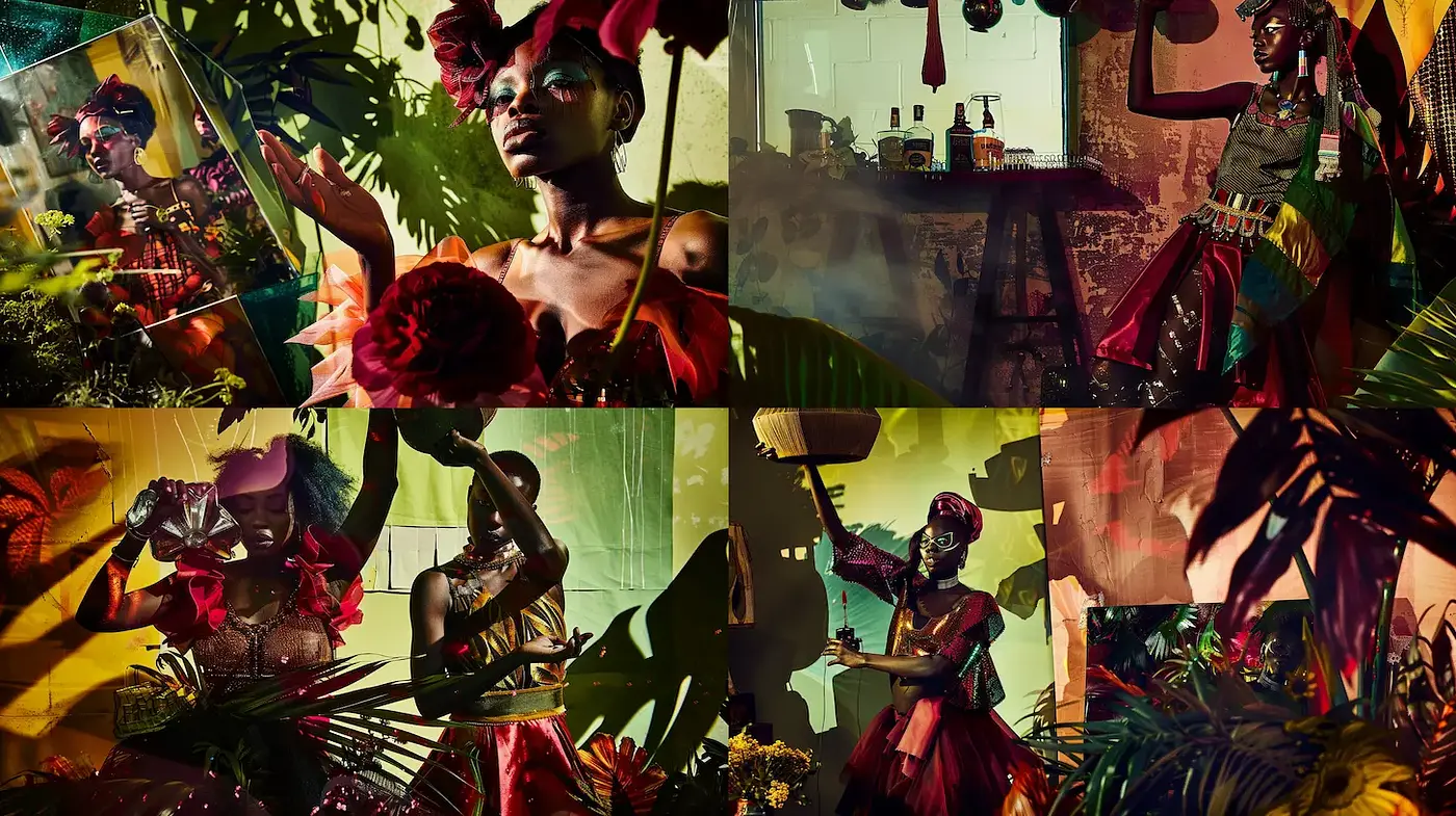 Vibrant Afro-centric Fusion with Lush Tropical Elements - Midjourney sref style