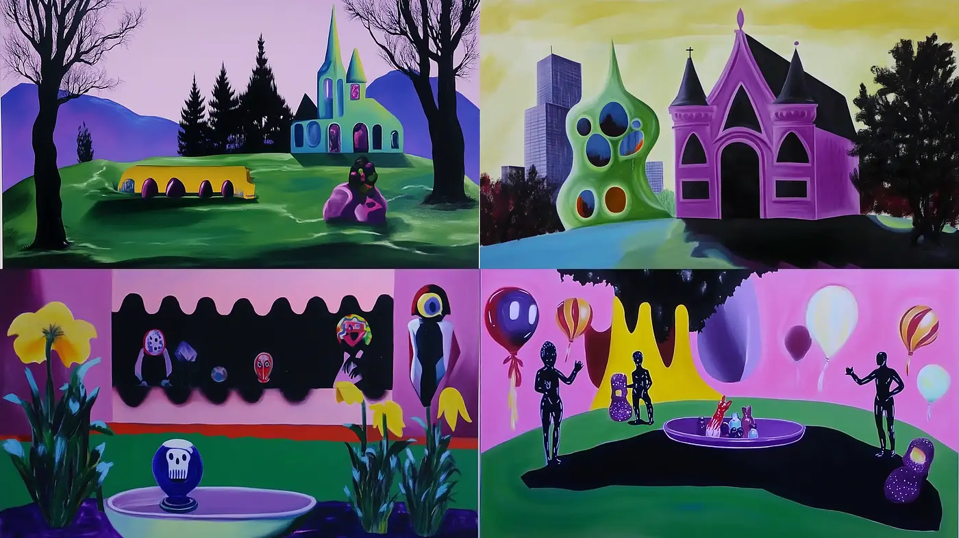 Whimsical Surreal Landscapes with a Kaleidoscope of Neon Hues - Midjourney sref style
