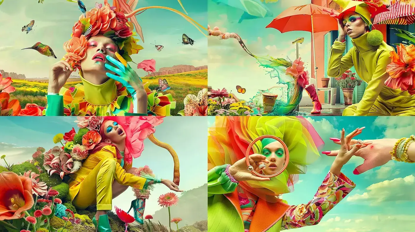 Vibrant and Whimsical Floral Fantasy with Surreal Undertones - Midjourney sref style