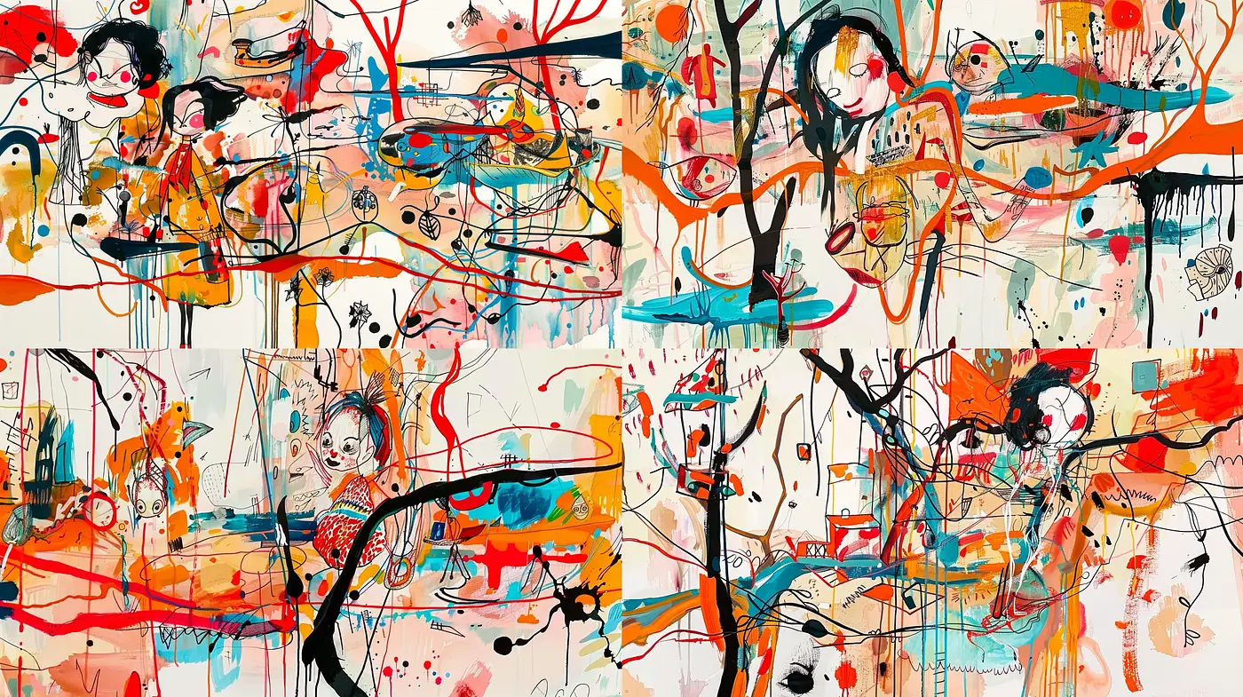 Abstract Expressionist Sprees of Warm and Cool Vibrancy - Midjourney sref style